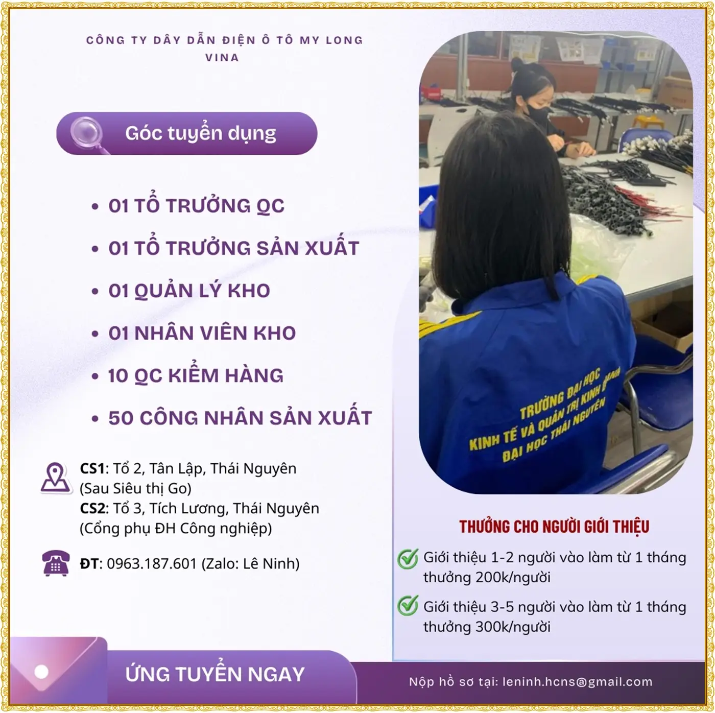 Tuyển tổ trưởng sản xuất, quản lý kho tại Thái Nguyên