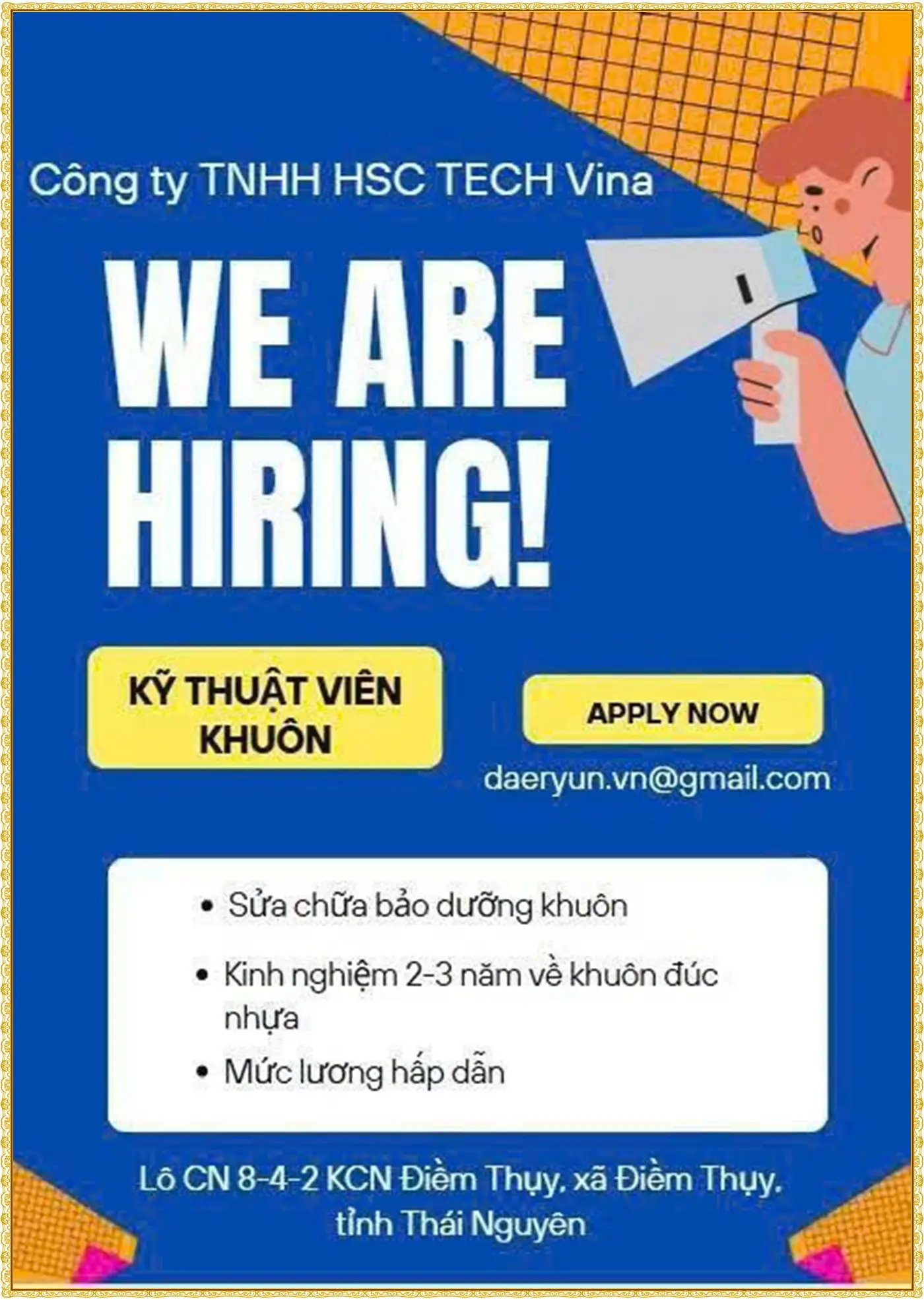 HSC TECH Vina Thái Nguyên tuyển dụng Kỹ thuật viên khuôn: Yêu cầu 2-3 năm kinh nghiệm khuôn đúc nhựa, làm việc tại KCN Điềm Thụy.