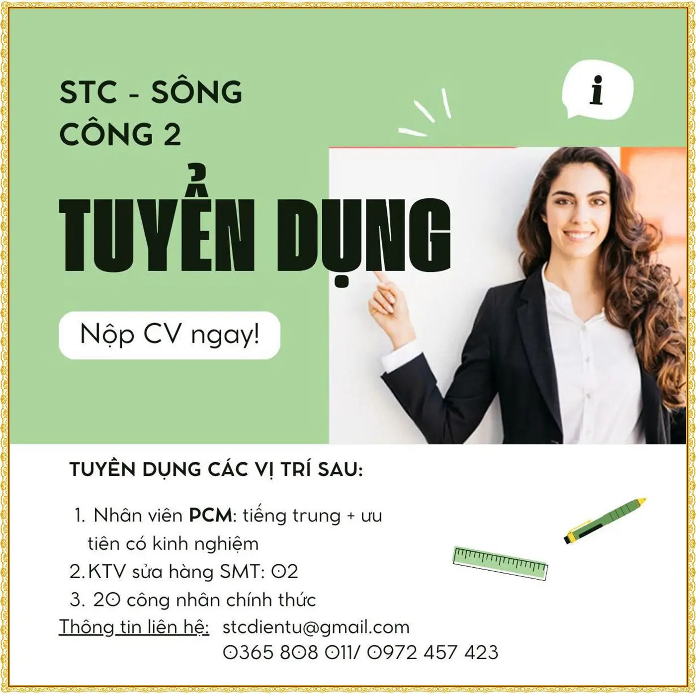 STC Sông Công 2 tuyển dụng: Nhân viên PCM tiếng Trung, 02 Kỹ thuật viên sửa hàng SMT và 20 Công nhân chính thức tại Thái Nguyên.