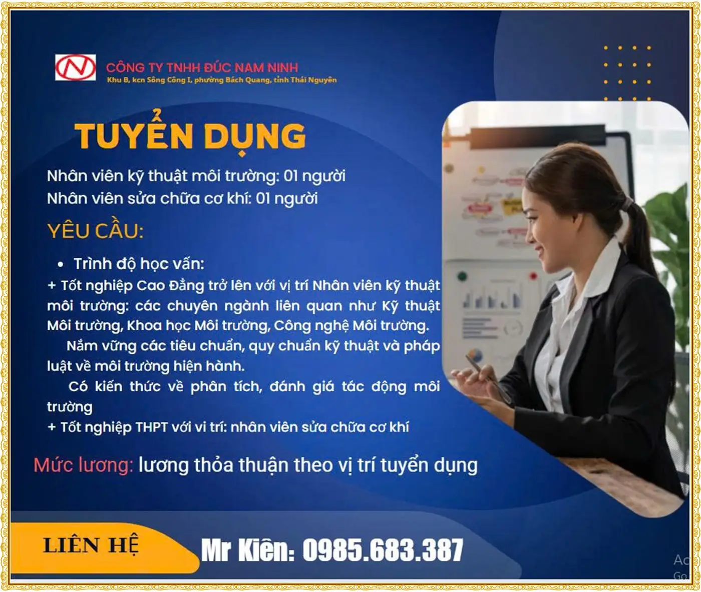 Công ty Đức Nam Ninh tuyển dụng: 01 Nhân viên kỹ thuật môi trường và 01 Nhân viên sửa chữa cơ khí tại KCN Sông Công 1, Thái Nguyên.