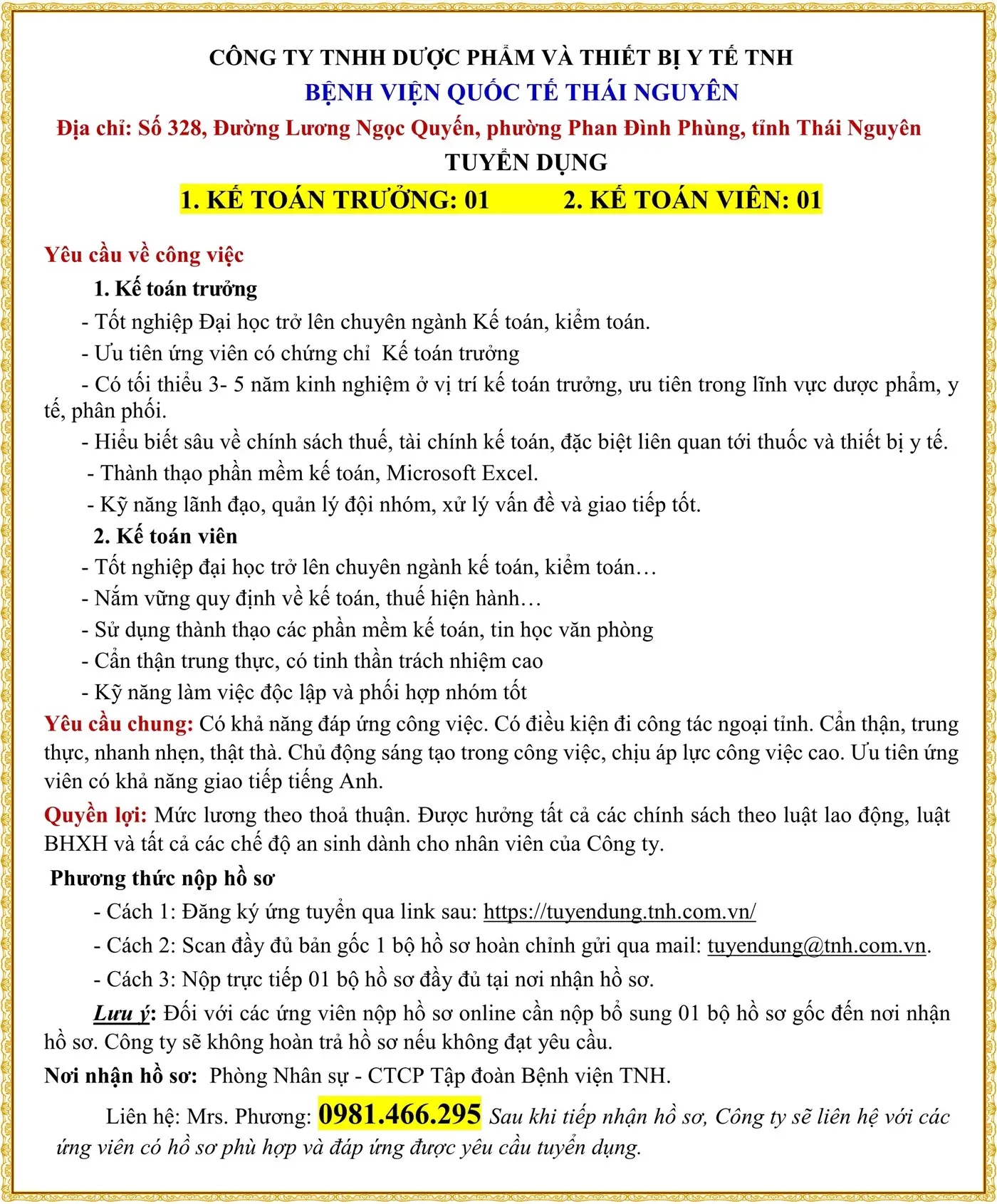 TUYỂN DỤNG KẾ TOÁN TRƯỞNG, KẾ TOÁN VIÊN tỉnh Thái Nguyên