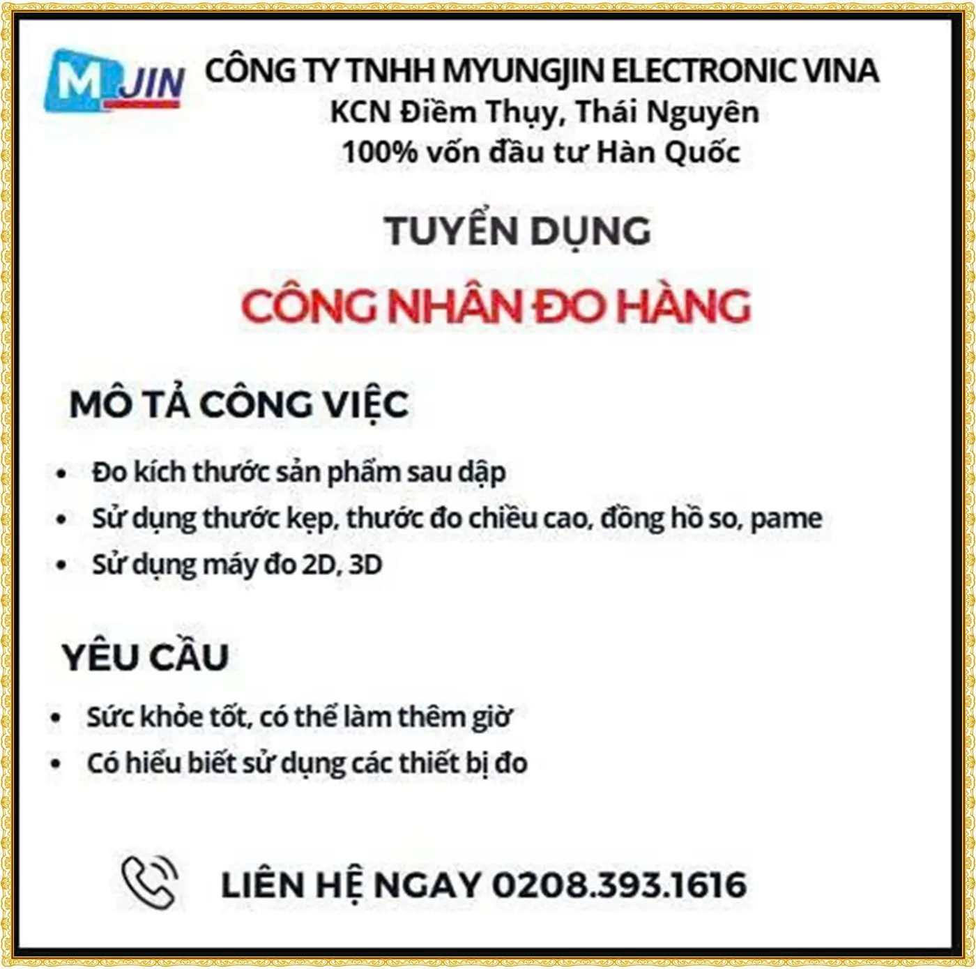tuyển công nhân đo hàng tại thái nguyên