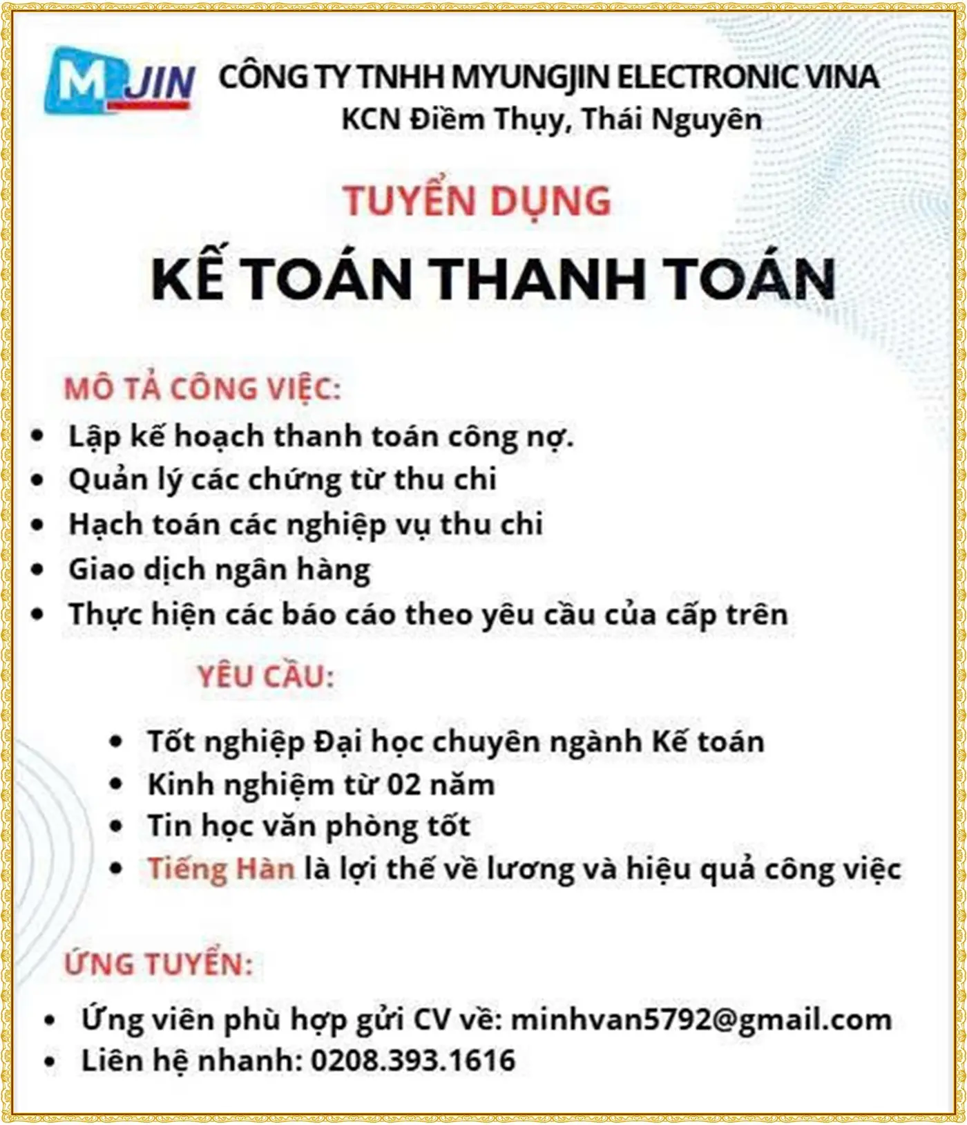 Tuyển kế toán tại thái nguyên